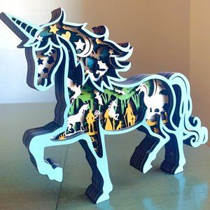 Fantasy Teal Unicorn Wooden 3D Figure Medieval Scene Diorama Wood Sculpture New